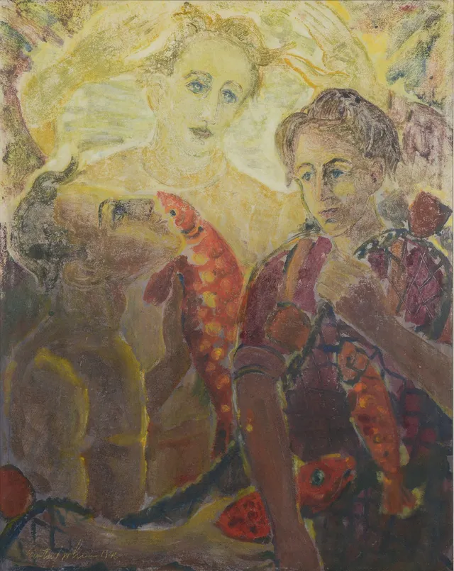 GÖSTA BOHM. "De första lärjungarna III", blandteknik, signerad samt daterad 1946.