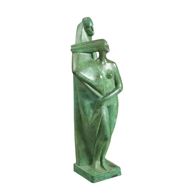 UBEKENDT KUNSTNER. Stor skulptur af grønpatineret bronze i form af mand og kvinde.