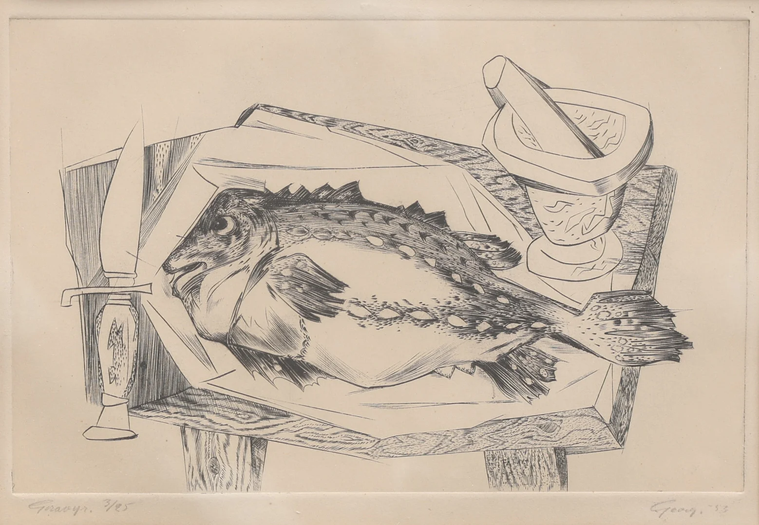 GEORG NILSSON. FISKANRÄTTNING, GRAVYR, SIGNERAD OCH DATERAD 53. — Engravings & Prints — Crafoord Auktioner Lund