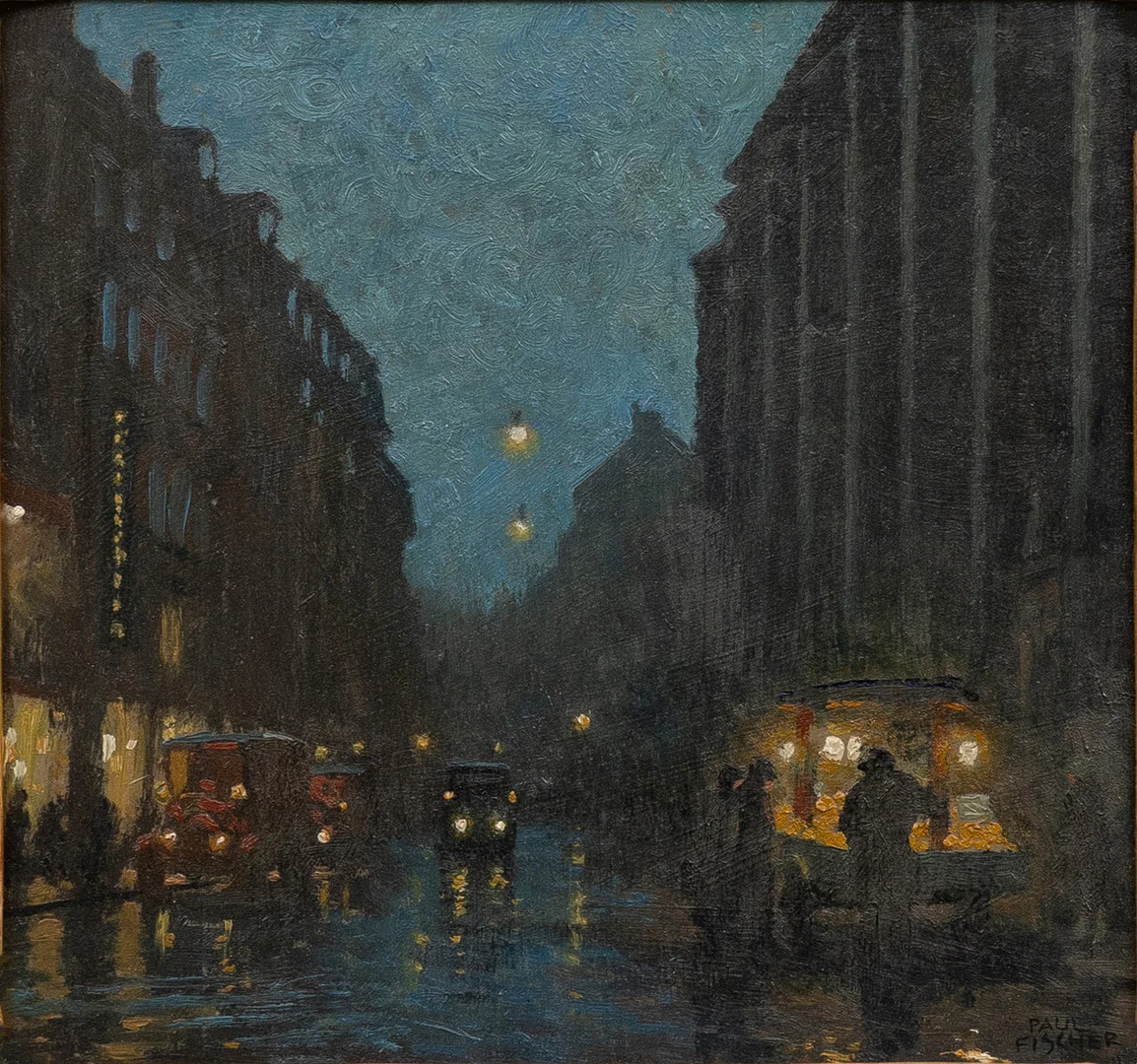 PAUL FISCHER DANMARK (1860-1934)). Skymningsljus i Köpenhamn, olja på pannå, signerad. — Paintings — Garpenhus Auktioner
