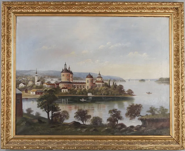OKÄND KONSTNÄR. Slottsmotiv, olja på duk, signerad.
