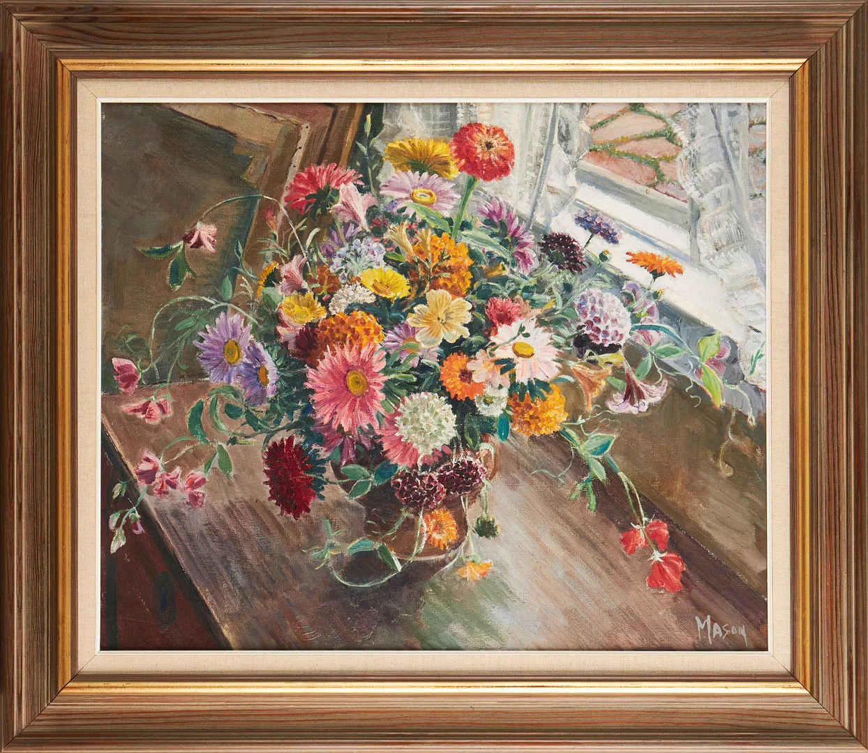MATS MASON (1894-1983). "Blommor från täppan", olja på duk, signerad Mason, daterad atergo 1954. — Paintings — Stockholms Auktionsverk Magasin 5