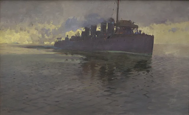 ARVID JOHANSSON (1862-1923). Militärfartyg, olja på duk, signerad.