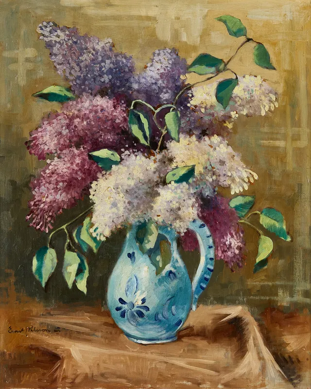 ERNST NILSSON (1892–1937). Stilleben med syrener, signerad, olja på pannå.