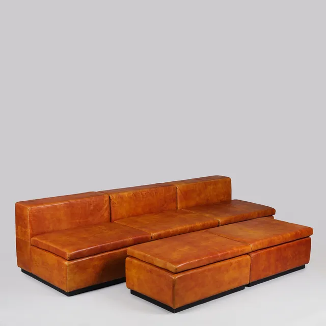 TITO AGNOLI. Modulsofa cognac farvet læder. Model Verflex Cinova 1960-70, Italien, (5).