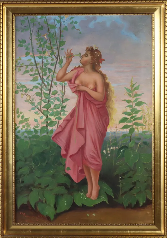 CARL GUSTAF RAHMBERG (1865-1916). Olja på duk, kvinna dricker nektar, otydlig signatur cop: L ?, signerad 1900.