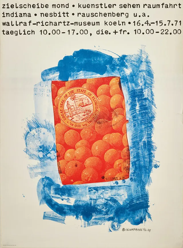ROBERT RAUSCHENBERG. Utställningsaffisch, "Great seal of the State of Florida in God We Trust från Stoned Moon" "Zielscheibe Mond - künstler sehen Rumfahrt", 1971, Wallraf Richartz Museum, Köln.