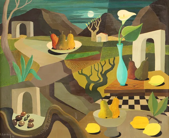 ERIC CEDERBERG. Fantasilandskap i solnedgång, tempera på pannå, signerad E Cederberg -58.