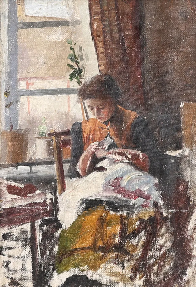 HANNA PAULI. OLJA PÅ DUK, DUBBLERAD PÅ PANNÅ, PORTRÄTT AV KONSTNÄRENS SYSTER BETTY HIRSCH, EJ SIGNERAD.