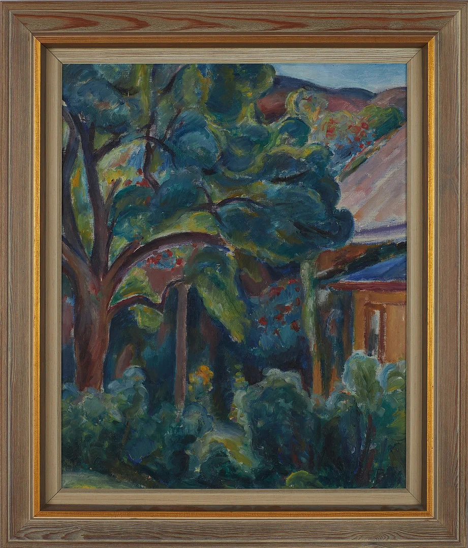 FRANS BERG (1892-1949). Komposition med träd och hus, olja på duk, signerad. — Paintings — Stockholms Auktionsverk Sickla