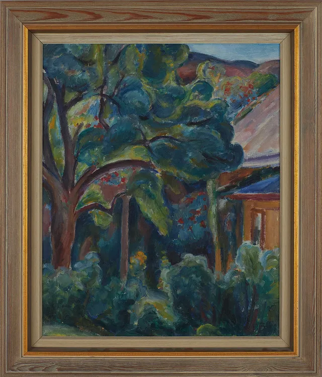 FRANS BERG (1892-1949). Komposition med träd och hus, olja på duk, signerad.