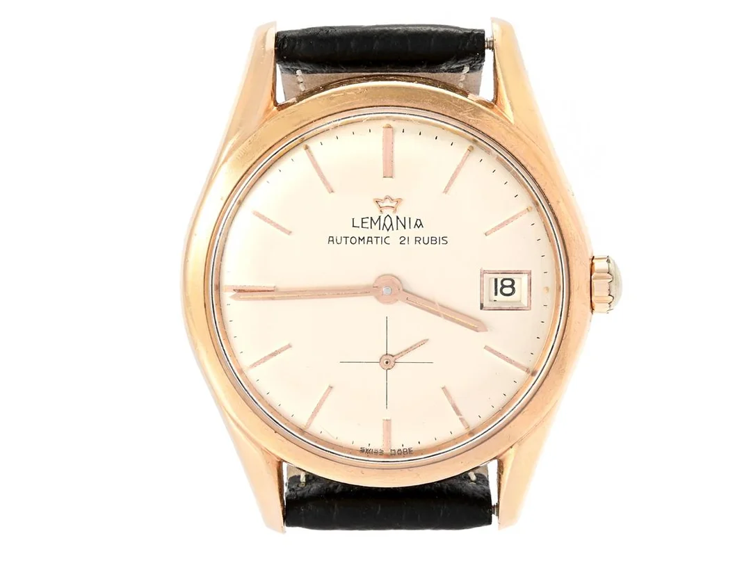 LEMANIA, herrur, 36 mm, Cal 3615, Serie nr. 1554734, Boett nr. 864-63, rosaguld på stål, automatisk, plexiglas, liten sekundvisare, datum, läderband, ca 1963. — Klockor/Lemania — Kaplans
