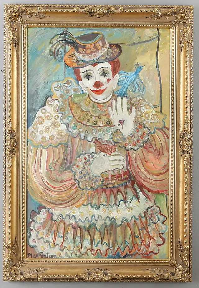 MONICA LORENTZON. Clown, olja på duk, signerad.