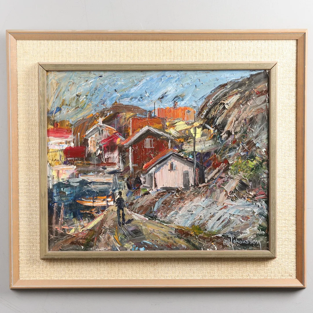 ALF JOHANSSON. Olja på duk, "Hamnmotiv", signerad. — Paintings — Örebro Stadsauktioner
