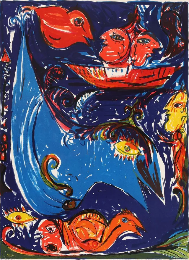 “Himmelbåden”, 1978. Signed Carl-Henning Pedersen Paris 1978, 18/150. Lithograph in colours. Sheet size 76×56 cm.