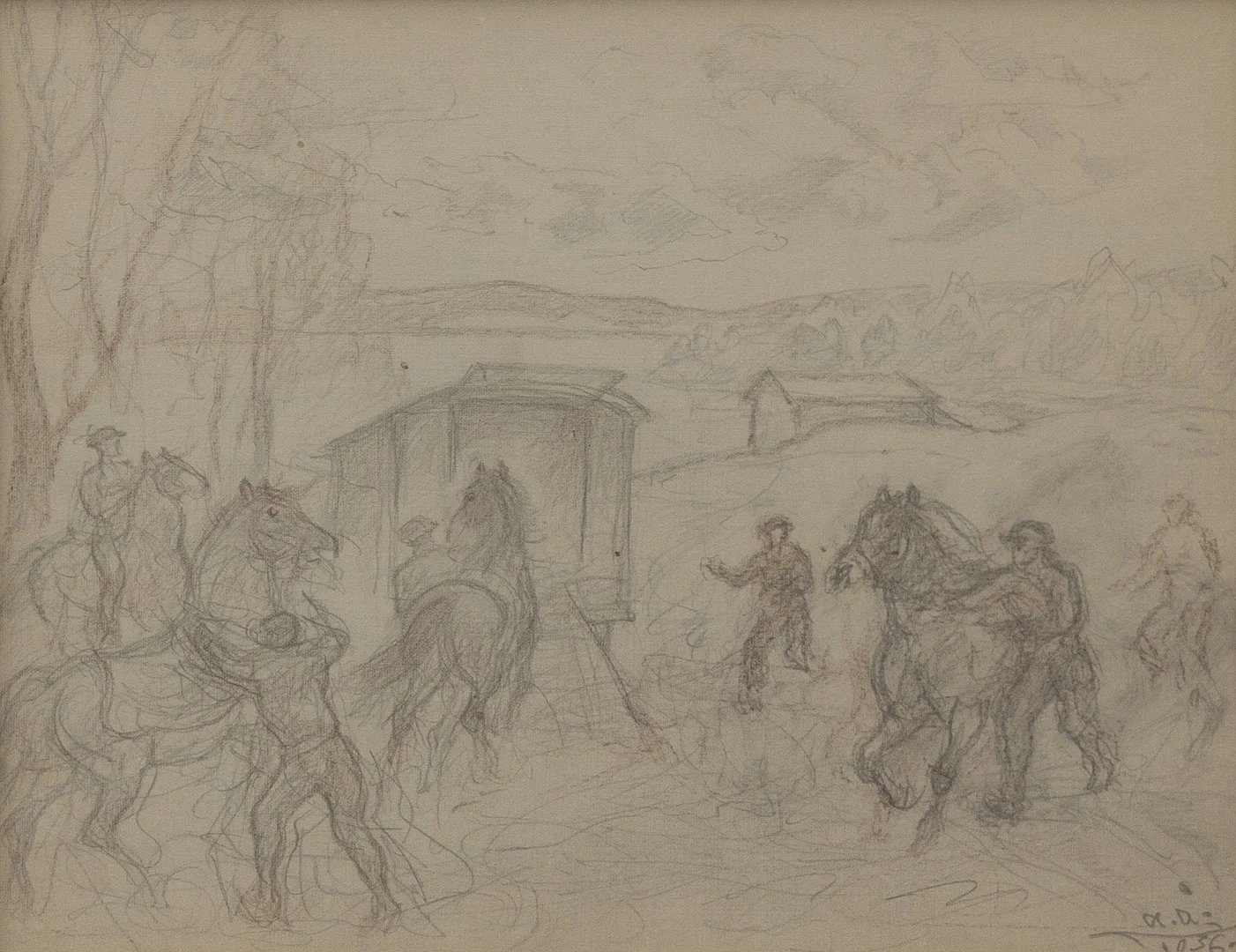 ACKE ÅSLUND. Hästar på ingång, blyerts, signerad och dateras 1936. — Drawings — Garpenhus Auktioner