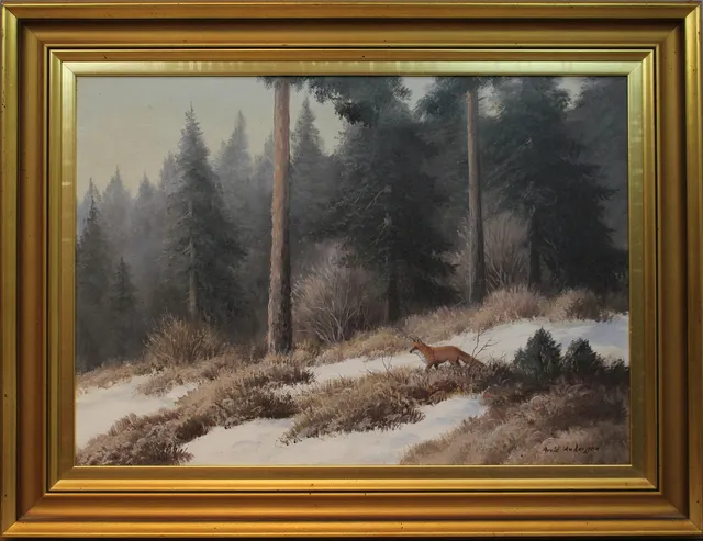 ARVID ANDERSSON. Räv i vinterlandskap. Olja på duk. Signerad.