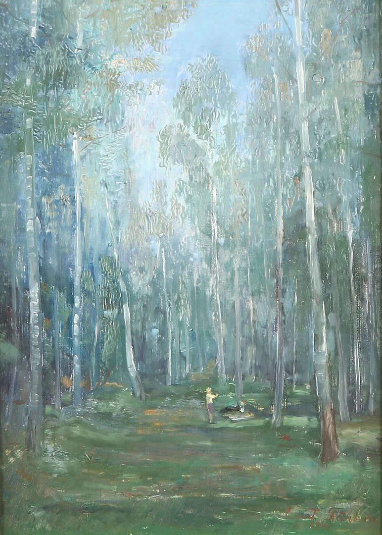 EVERT FÄRHM. Oljemålning på pannå. Figurer i skogslandskap. Signerad och daterad 1941. — Paintings — Skånes Auktionsverk