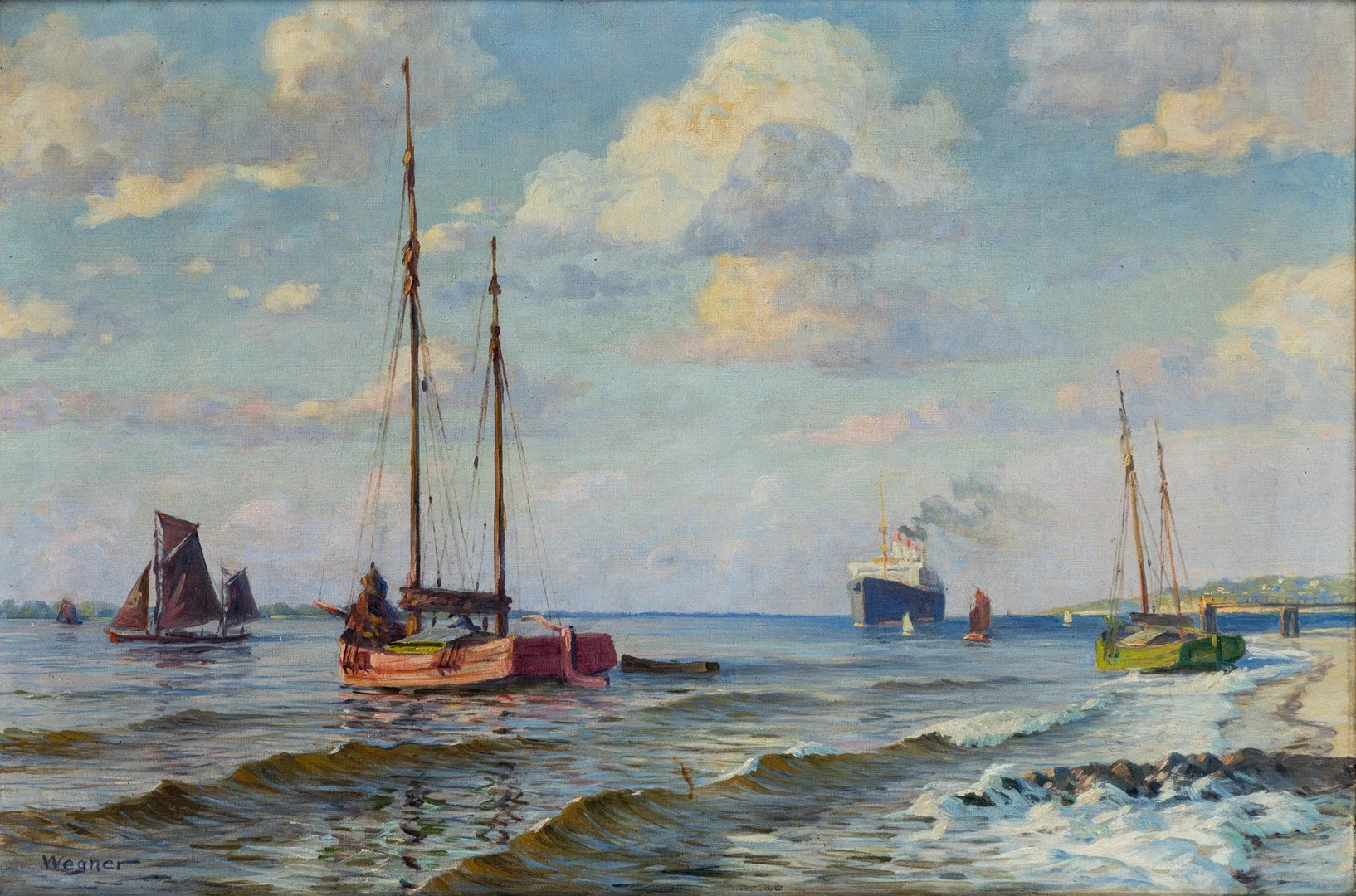 WEGNER. Blick über die Elbe von Neumühlen aus mit dem Süllberg im Hintergrund. — Paintings — Stockholms Auktionsverk Hamburg