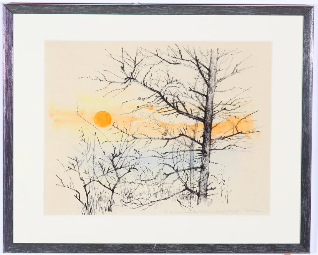 Mads Stage. Sunrise between bare trees. Tush and watercolor — Paintings and sculptures/Drawings — Lauritz