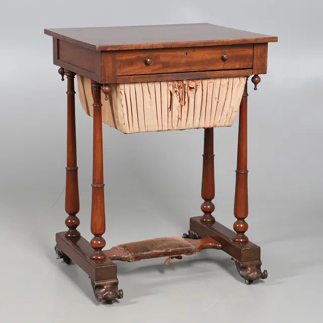 AN EARLY VICTORIAN MAHOGANY WORK TABLE.
