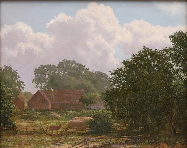 ANDERS EMGÅRD. Gård i lummig grönska, olja och tempera på pannå, signerad och daterad -82.