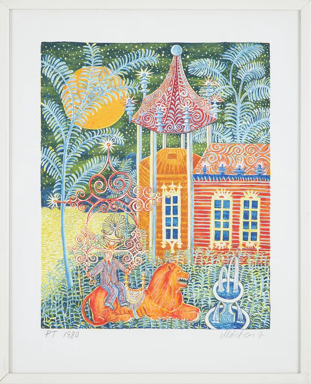 MÅRTEN ANDERSSON. Färglitografi, "Lejontämjarens hus", provtryck, signerad och daterad, 1980.