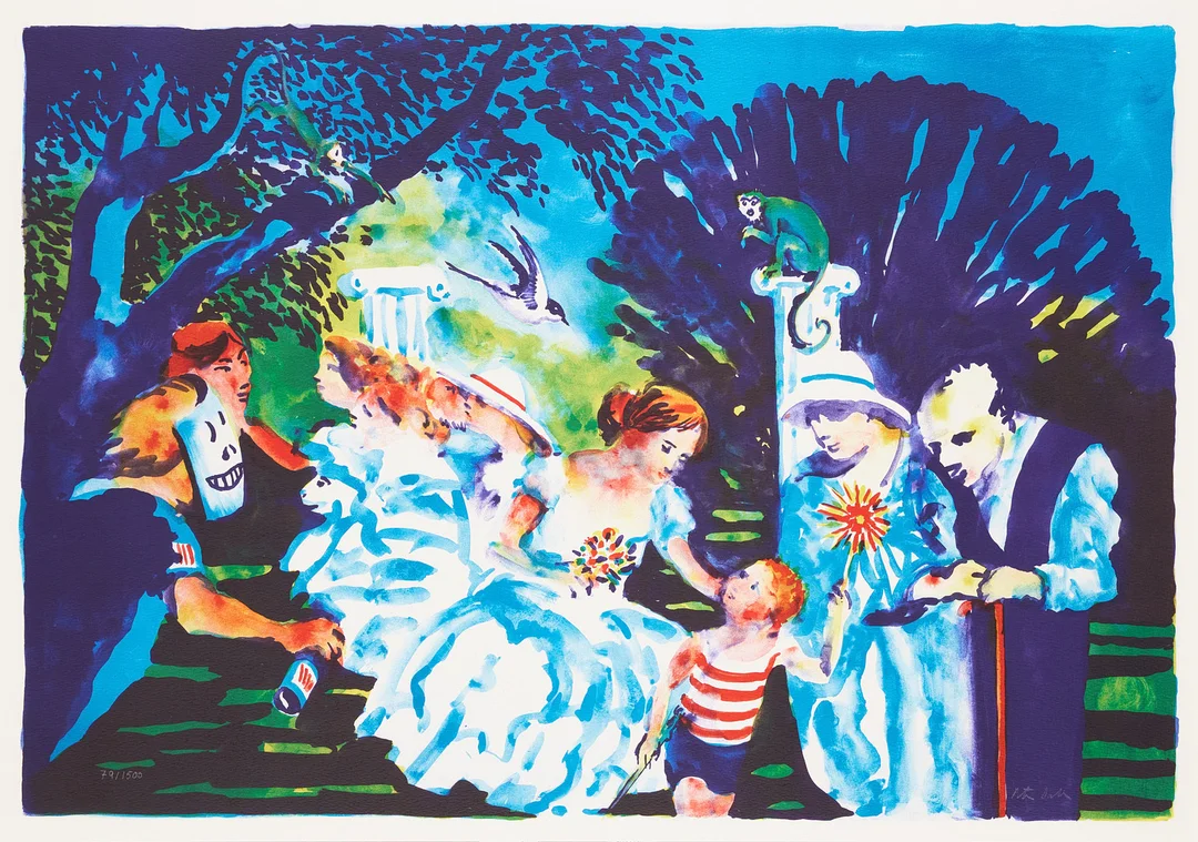 PETER DAHL. "Afton i parken", färglitografi, signerad Peter Dahl och numrerad 79/1500. — Engravings & Prints — Stockholms Auktionsverk Magasin 5