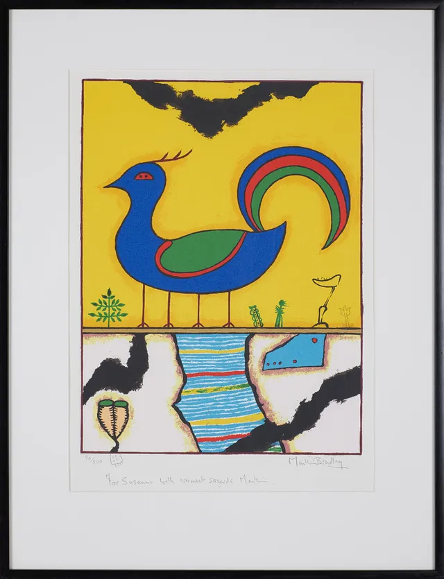 MARTIN BRADLEY. "Blue bird", litografi, signerad och numrerad 70/300, med dedikation, med bok också signerad och dedikation.