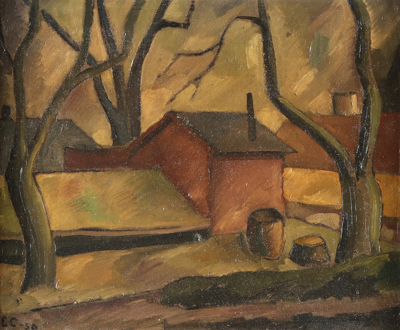 ERIC CEDERBERG. Oljemålning på duk, uppfodrad på pannå. Hus i landskap. Signerad. — Paintings — Skånes Auktionsverk