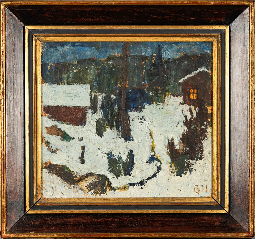 BIRGER HALLING. Olja på pannå, Hus i landskap, Signerad och daterad 1907. — Paintings — Norrlands Auktionsverk