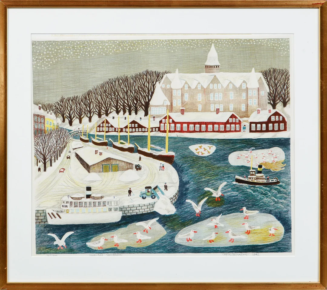 GÖSTA GUSTAVSON. "Vinterdag Stockholm", färglitografi, signerad och numrerad 103/300. — Engravings & Prints — Göteborgs Auktionsverk