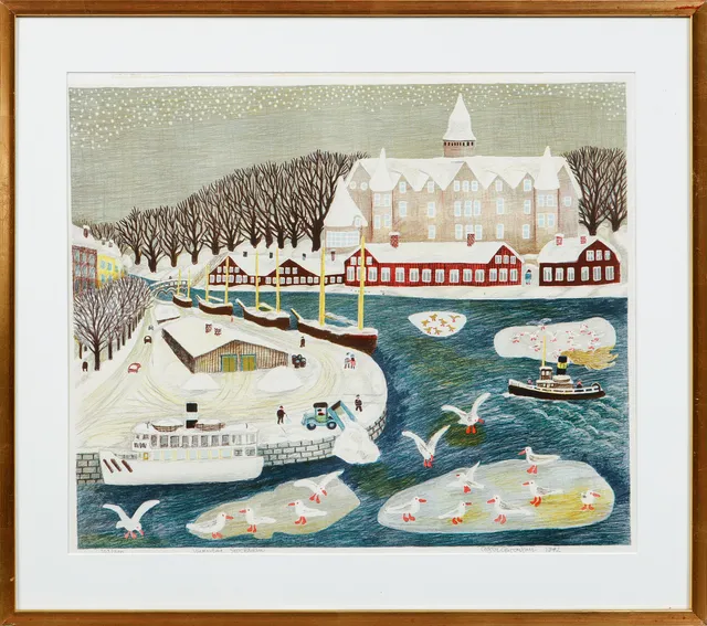 GÖSTA GUSTAVSON. "Vinterdag Stockholm", färglitografi, signerad och numrerad 103/300.