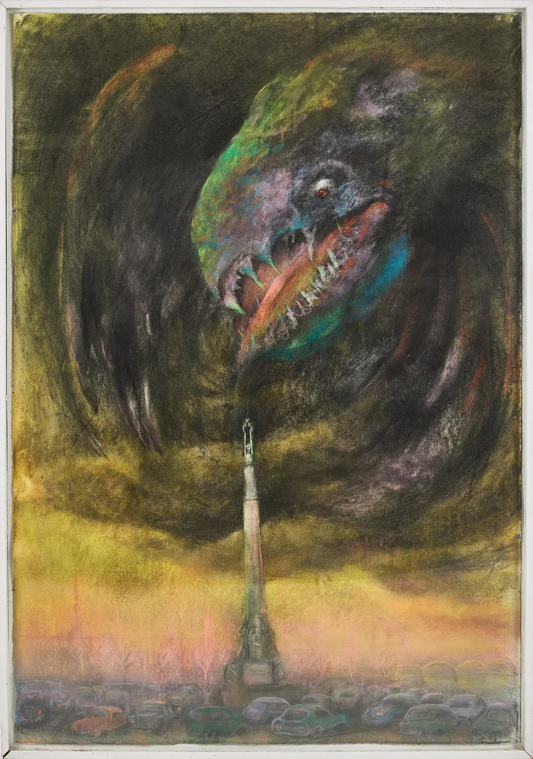 PETER TILLBERG. Förlaga till affisch till utställningen "Luftangrepp", pastell på papper, signerad. — Paintings — Stockholms Auktionsverk Magasin 5