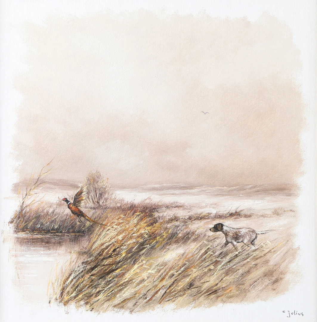 CARL JULIUS. Landskap med fasan och hund, olja på duk, signerad C. Julius. — Paintings — Helsingborgs Auktionskammare