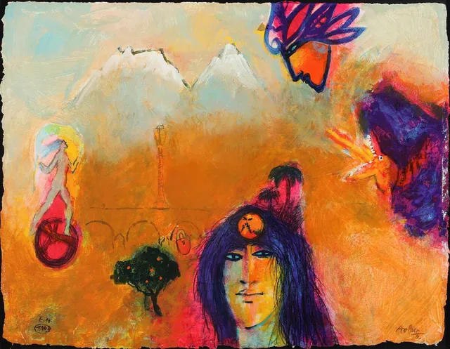 Adi Holzer: “Kærlighedsbroen, Rom”, 2012. Signed. Acrylic on Indian hand made paper laid on panel. 58×75 cm.