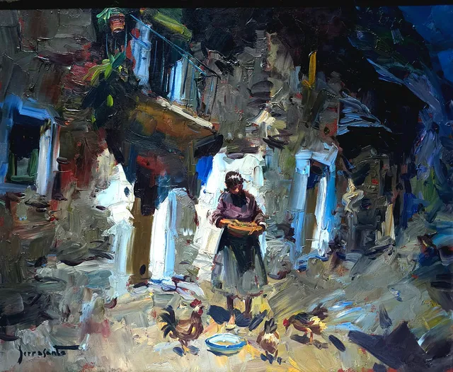 JOSEP SERRASANTA. Adolescente con gallinas. Óleo sobre lienzo.