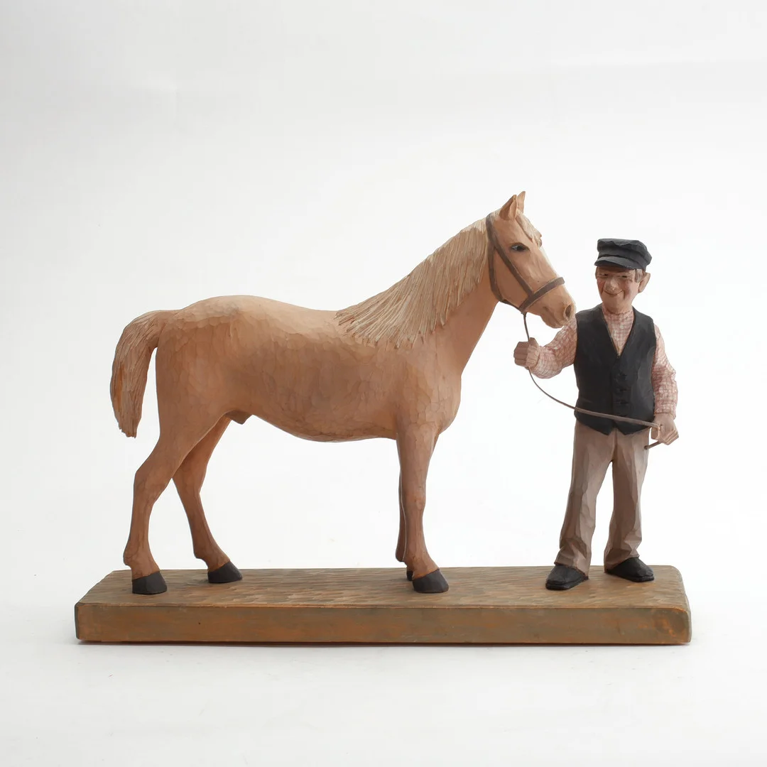 HERMAN ROSELL. Man med häst, snidat och bemålat trä, signerad och daterad 1952. — Sculptures & Bronzes — Göteborgs Auktionsverk