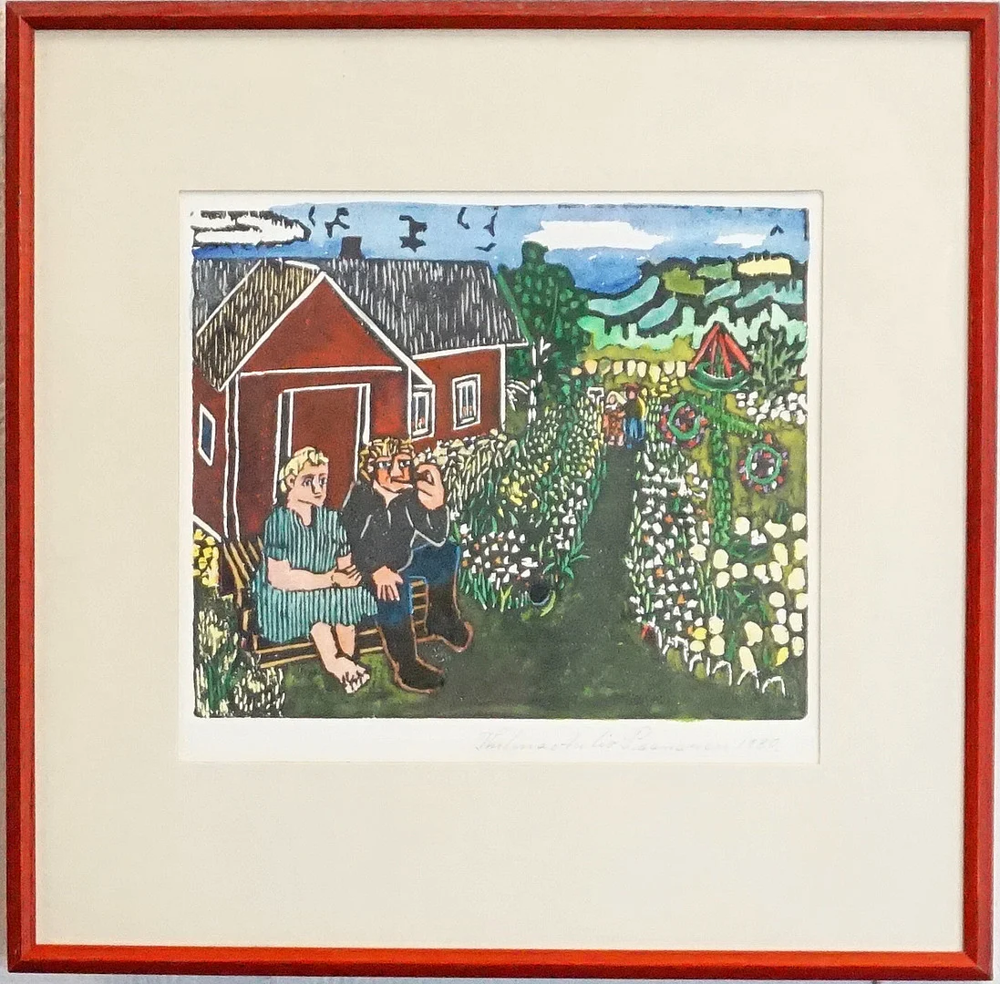 THELMA AULIO PAANANEN (F. 1931), handkolorerat träsnitt, två figurer på en förstutrapp, signerat samt daterat 1980. — Paintings — Roslagens Auktionsverk