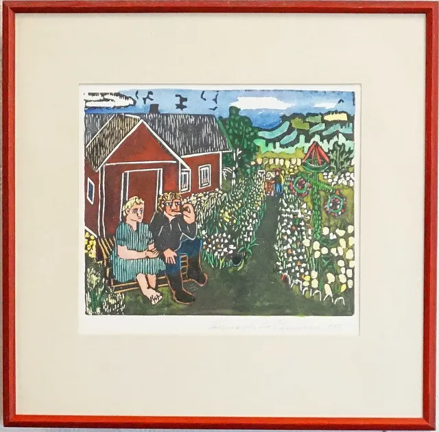 THELMA AULIO PAANANEN (F. 1931), handkolorerat träsnitt, två figurer på en förstutrapp, signerat samt daterat 1980.