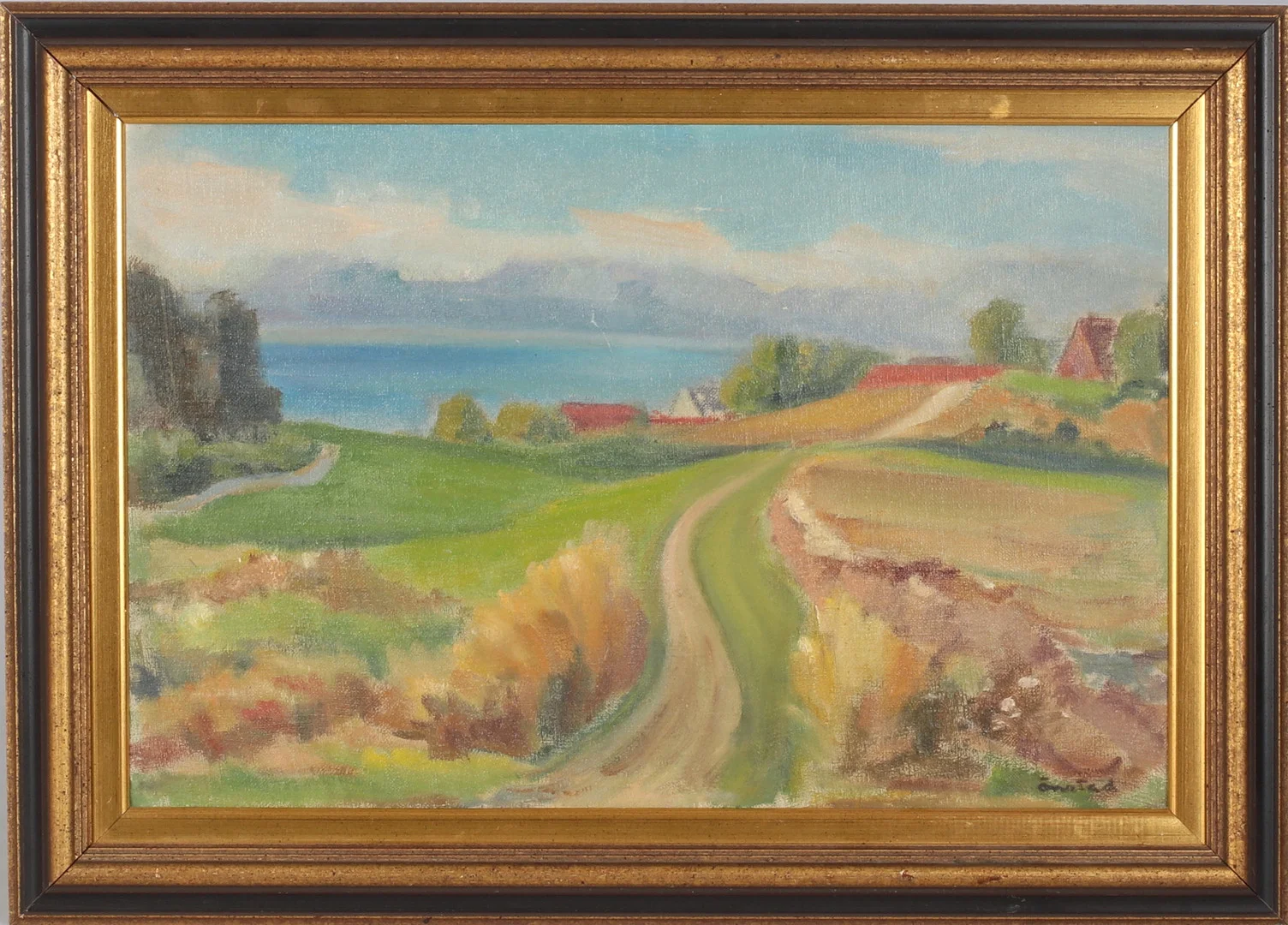 BERNHARD ÖNSTAD. Norderön mot Storsjön och Oviksfjället, olja på pannå, signerad. — Paintings — Stadsauktion Sundsvall