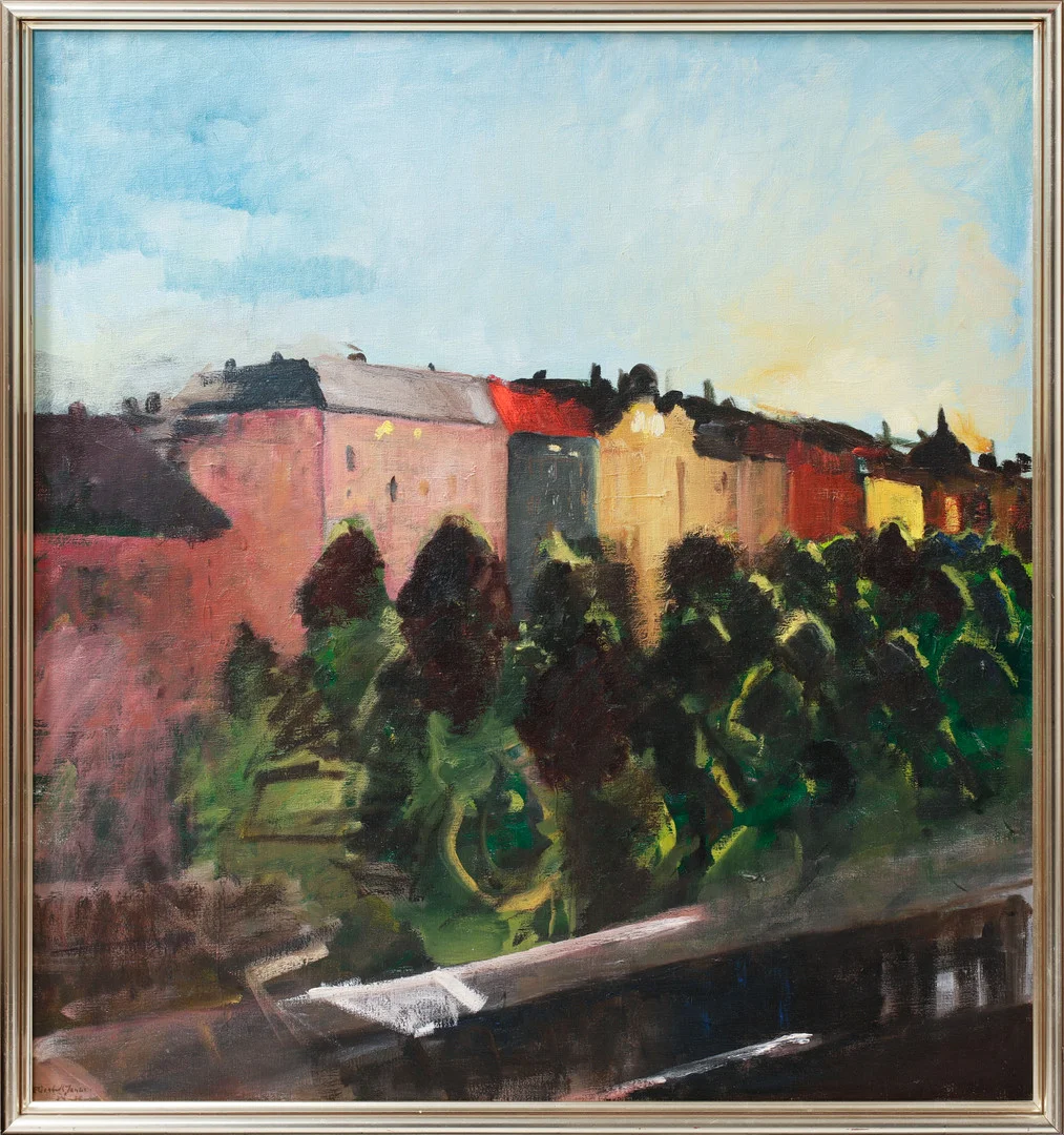 ELISABETH JANSSON. Vy över Valhallavägen, Stockholm. Olja på duk, signerad och daterad 84-85. — Paintings — Göteborgs Auktionsverk