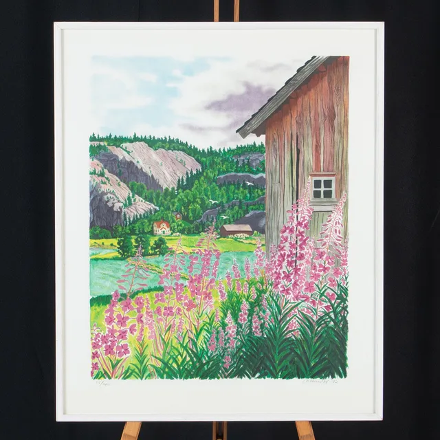 MONA HUSS WALIN. Landskap med hus, färglitografi signerad samt numrerad 115/460.