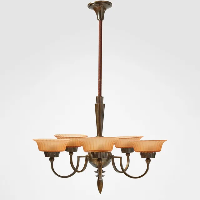 ARVID BÖHLMARKS LAMPFABRIK. Takarmatur, 1920/30-tal, Swedish Grace, patinerad mässing.