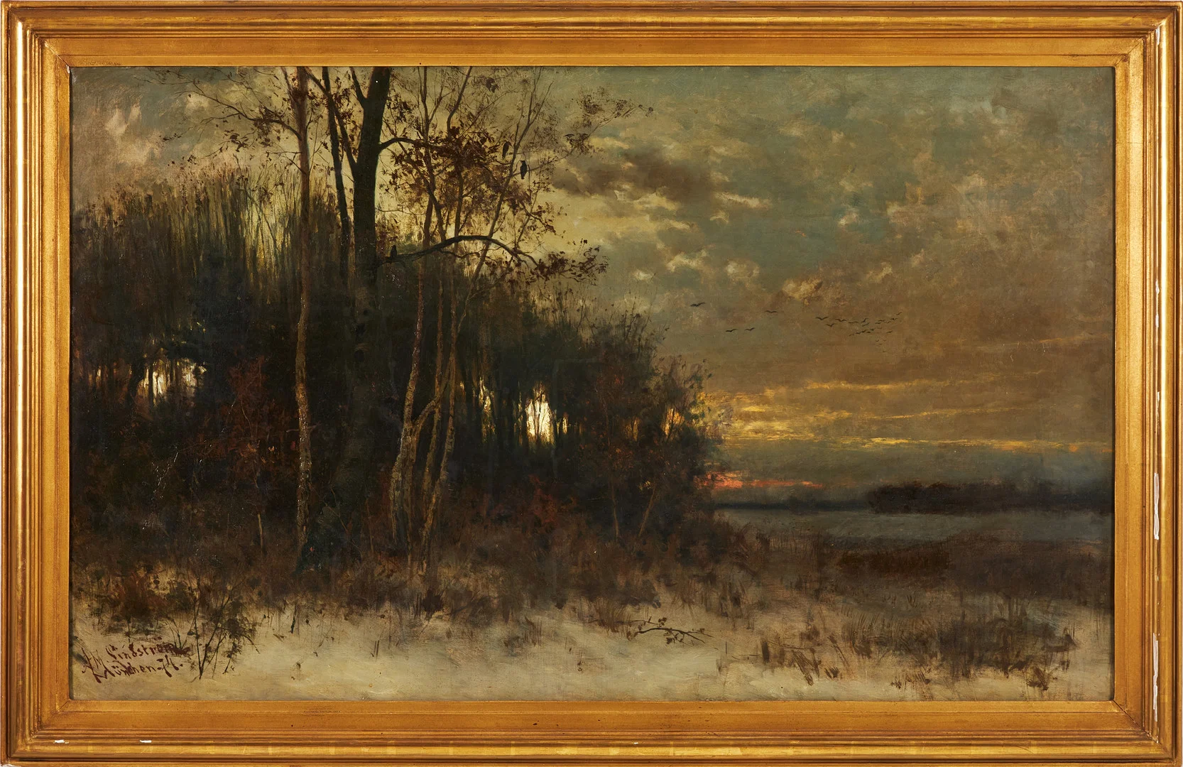 ARVID MAURITZ LINDSTRÖM. Vinterlandskap i skymning, olja på duk. — Paintings — Stockholms Auktionsverk Magasin 5