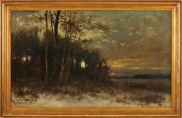 ARVID MAURITZ LINDSTRÖM. Vinterlandskap i skymning, olja på duk.