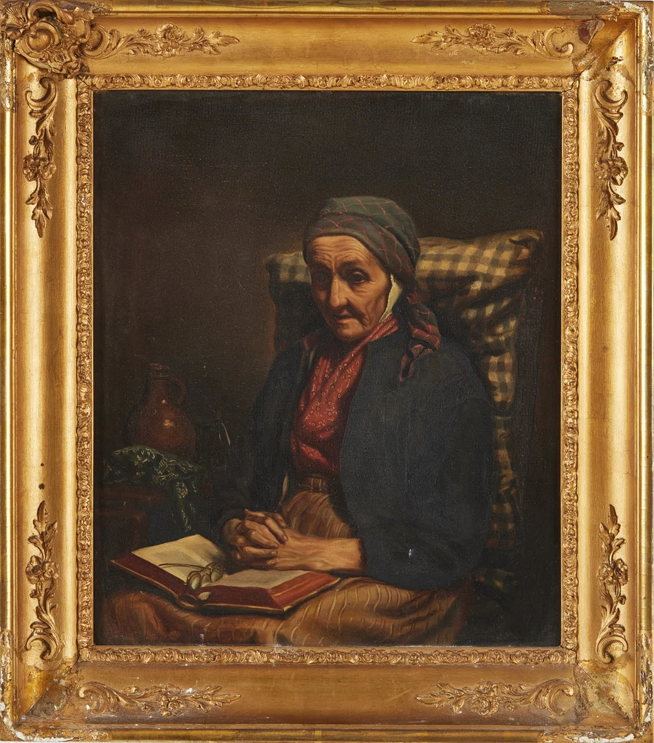 OKÄND KONSTNÄR. Sittande kvinna med bok, olja på duk, osignerad. — Paintings — Stockholms Auktionsverk Magasin 5