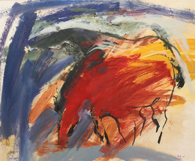 EUGEN KASK. Olja på pannå, "Hästar", signerad, daterad 67.
