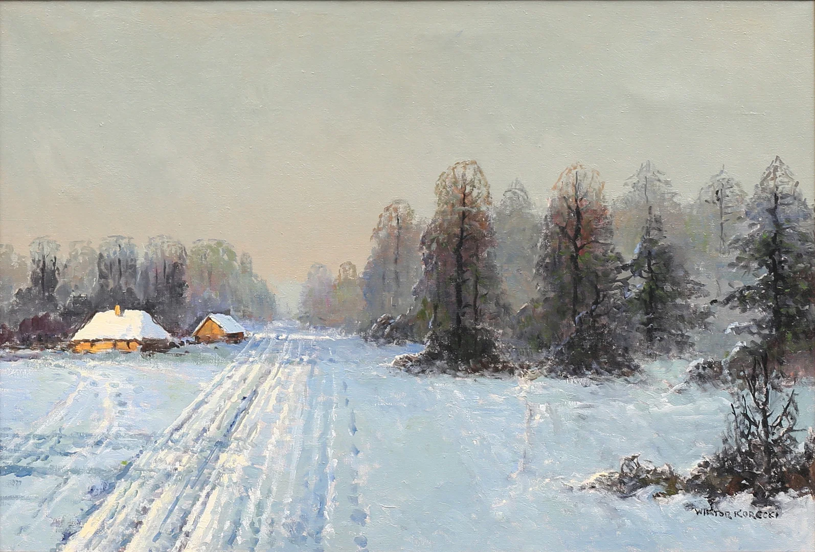 WIKTOR KORECKI (POLEN, 1890-1980). Solbelyst vinterlandskap, olja på duk, signerad. — Paintings — Garpenhus Auktioner