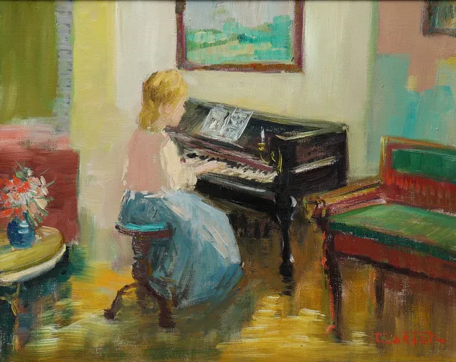 NICOLAI COSTER. Olja på duk, kvinna vid piano, signerad.